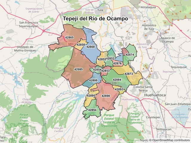 Mapa de códigos postales de Tepeji del Río de Ocampo, Hidalgo