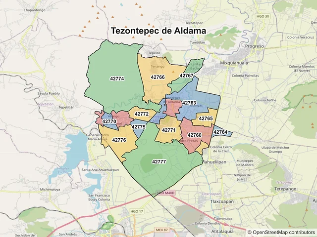 Mapa de códigos postales de Tezontepec de Aldama, Hidalgo