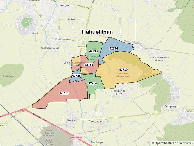 Mapa de códigos postales de Tlahuelilpan, Hidalgo