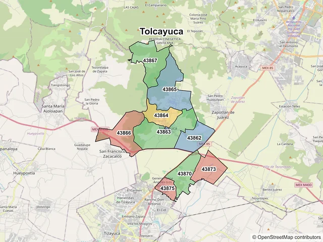Mapa de códigos postales de Tolcayuca, Hidalgo