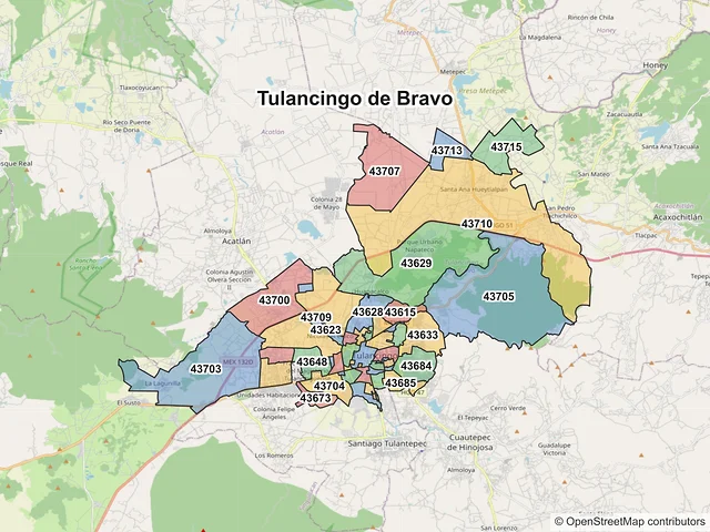 Mapa de códigos postales de Tulancingo de Bravo, Hidalgo