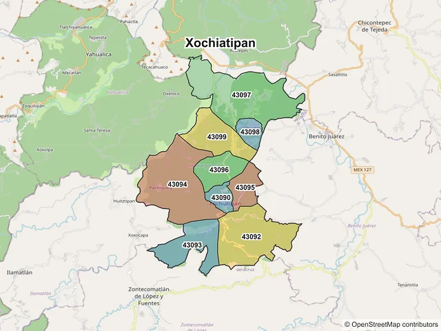 Mapa de códigos postales de Xochiatipan, Hidalgo