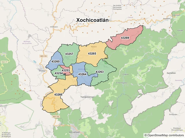 Mapa de códigos postales de Xochicoatlán, Hidalgo