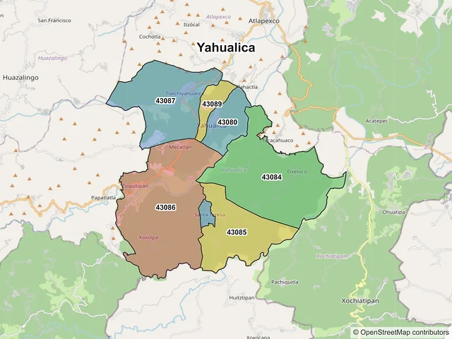 Mapa de códigos postales de Yahualica, Hidalgo