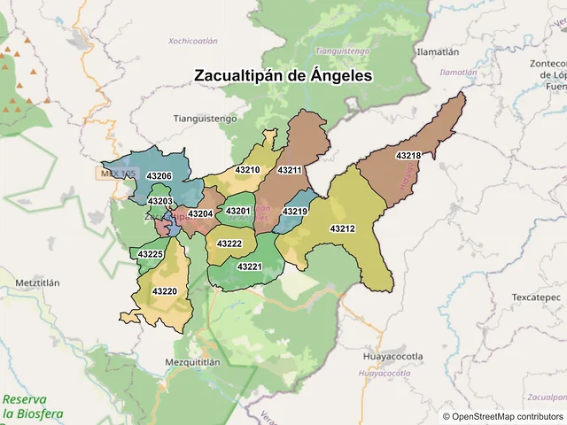 Mapa de códigos postales de Zacualtipán de Ángeles, Hidalgo