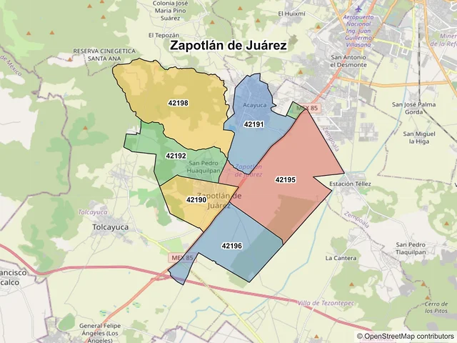 Mapa de códigos postales de Zapotlán de Juárez, Hidalgo