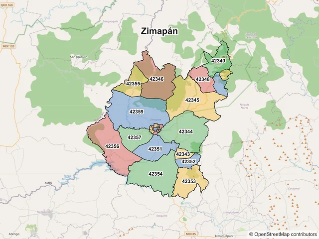 Mapa de códigos postales de Zimapán, Hidalgo