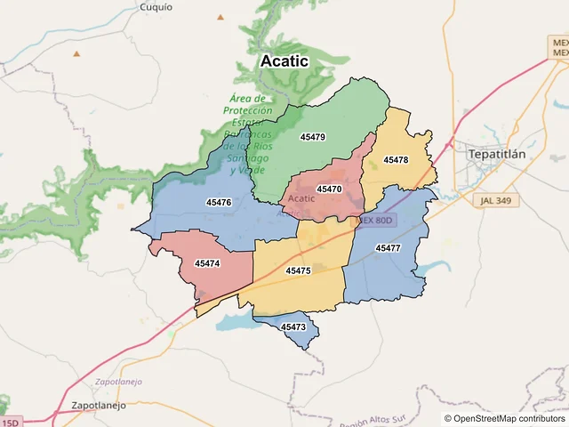 Mapa de códigos postales de Acatic, Jalisco
