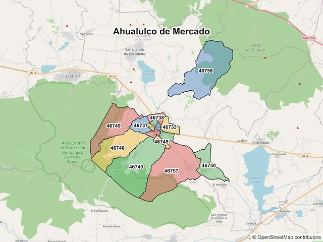 Mapa de códigos postales de Ahualulco de Mercado, Jalisco