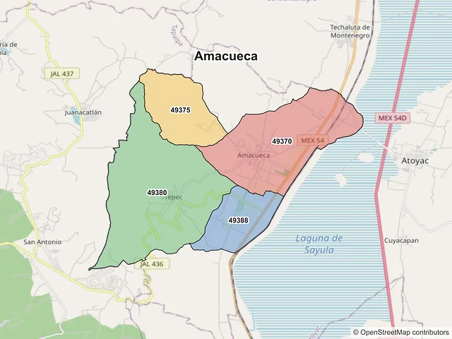 Mapa de códigos postales de Amacueca, Jalisco