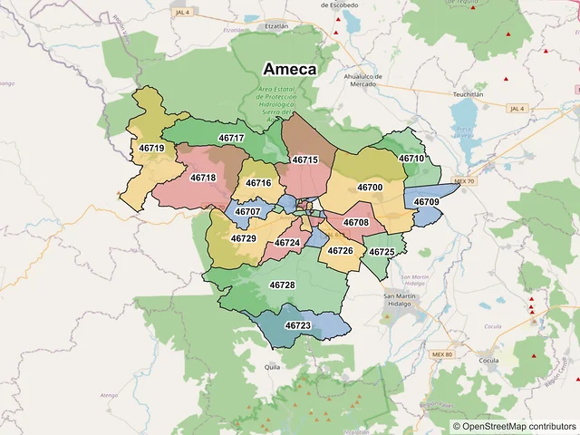 Mapa de códigos postales de Ameca, Jalisco