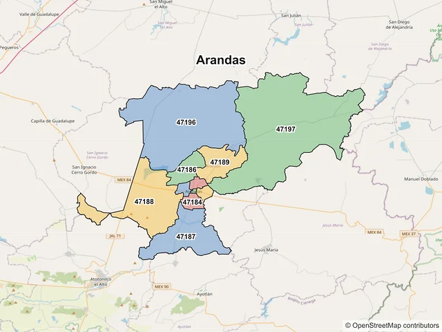 Mapa de códigos postales de Arandas, Jalisco