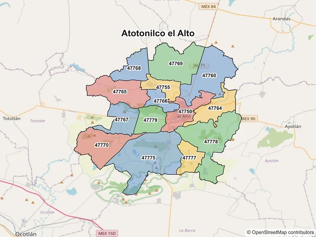 Mapa de códigos postales de Atotonilco el Alto, Jalisco
