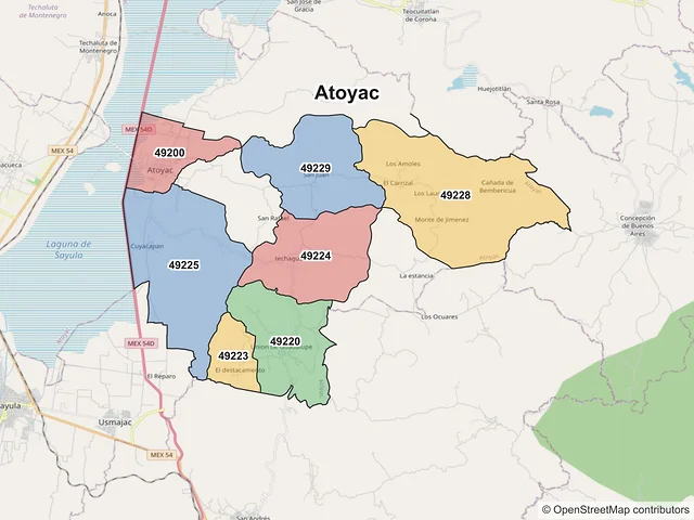 Mapa de códigos postales de Atoyac, Jalisco