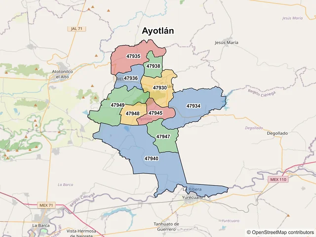 Mapa de códigos postales de Ayotlán, Jalisco