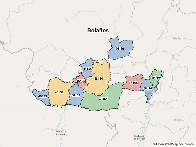Mapa de códigos postales de Bolaños, Jalisco