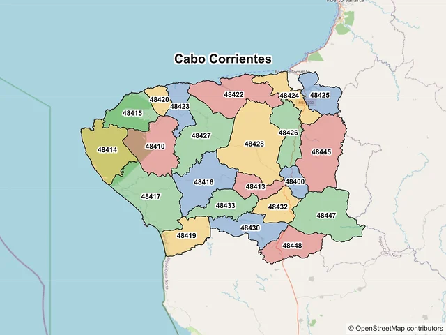 Mapa de códigos postales de Cabo Corrientes, Jalisco