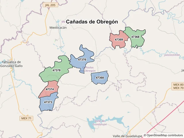 Mapa de códigos postales de Cañadas de Obregón, Jalisco