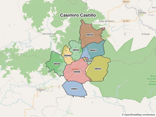 Mapa de códigos postales de Casimiro Castillo, Jalisco
