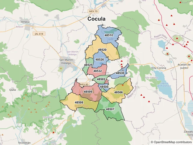 Mapa de códigos postales de Cocula, Jalisco