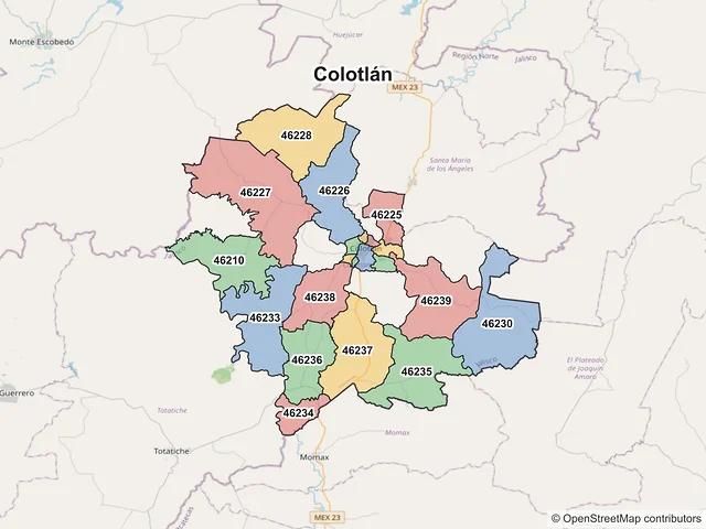 Mapa de códigos postales de Colotlán, Jalisco