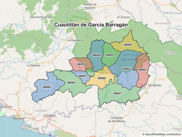 Mapa de códigos postales de Cuautitlán de García Barragán, Jalisco