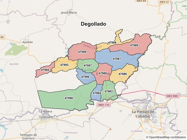 Mapa de códigos postales de Degollado, Jalisco