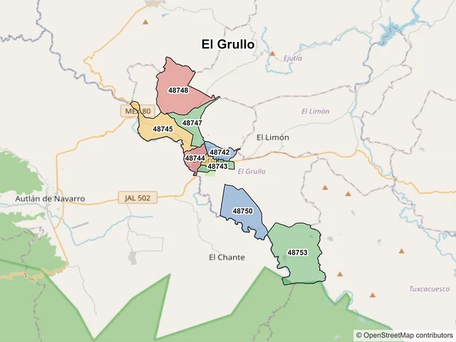 Mapa de códigos postales de El Grullo, Jalisco