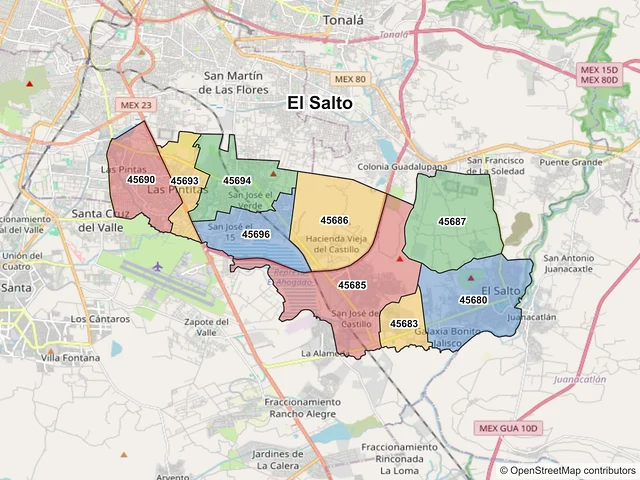 Mapa de códigos postales de El Salto, Jalisco
