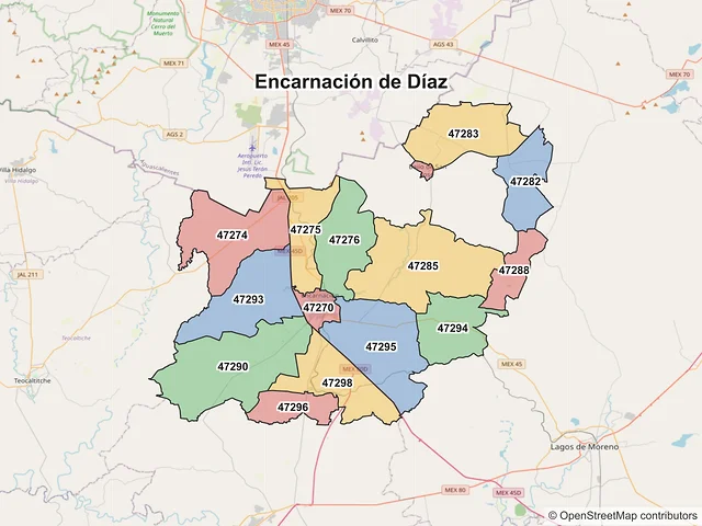 Mapa de códigos postales de Encarnación de Díaz, Jalisco