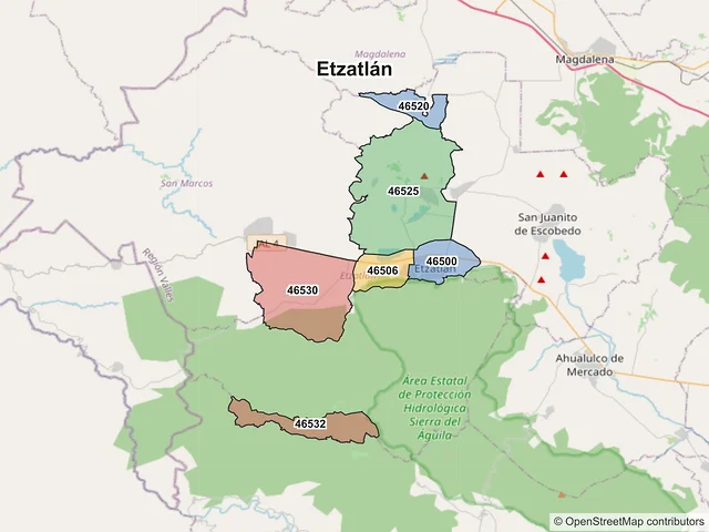 Mapa de códigos postales de Etzatlán, Jalisco