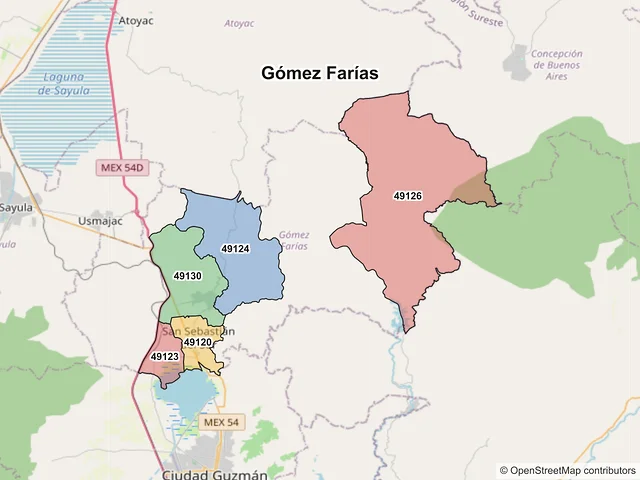 Mapa de códigos postales de Gómez Farías, Jalisco