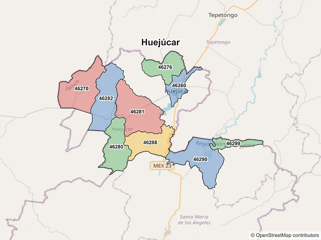 Mapa de códigos postales de Huejúcar, Jalisco