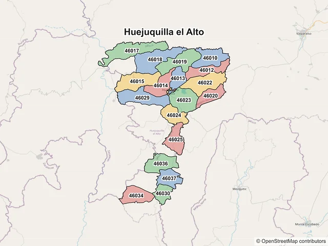 Mapa de códigos postales de Huejuquilla el Alto, Jalisco