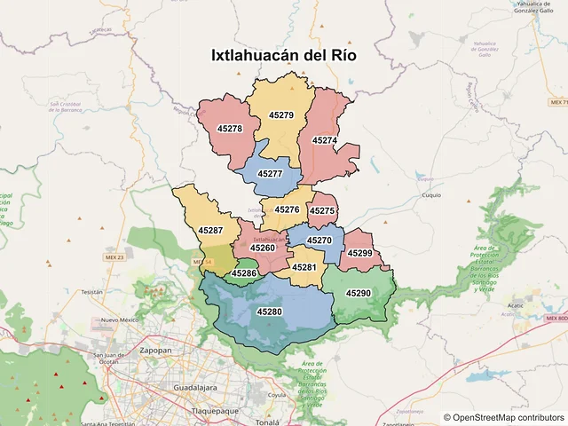 Mapa de códigos postales de Ixtlahuacán del Río, Jalisco