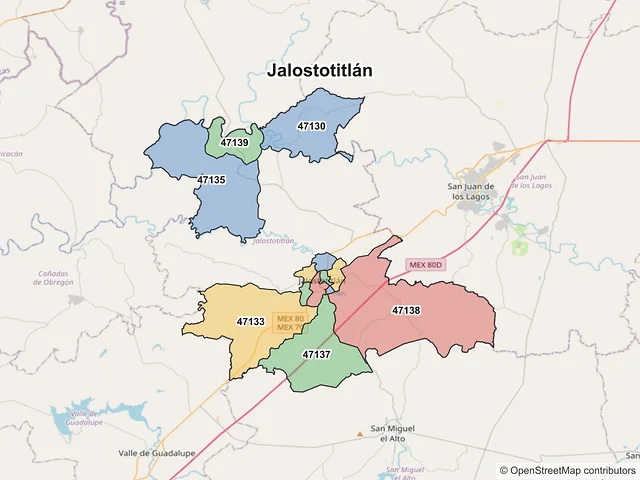 Mapa de códigos postales de Jalostotitlán, Jalisco
