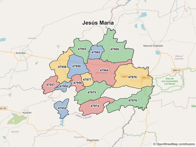 Mapa de códigos postales de Jesús María, Jalisco