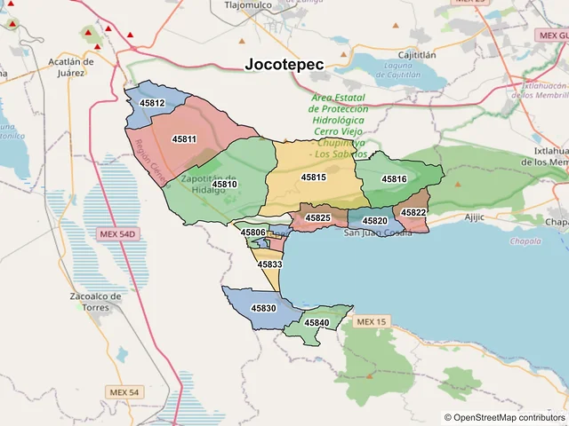 Mapa de códigos postales de Jocotepec, Jalisco