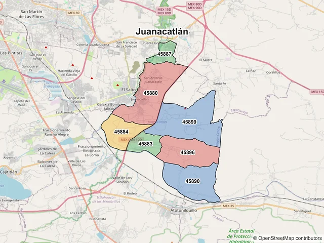 Mapa de códigos postales de Juanacatlán, Jalisco