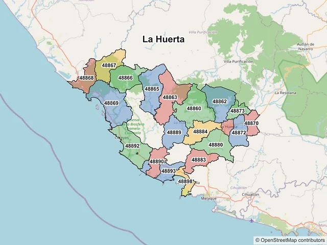 Mapa de códigos postales de La Huerta, Jalisco
