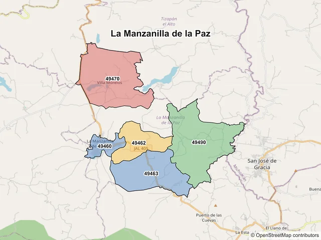 Mapa de códigos postales de La Manzanilla de la Paz, Jalisco