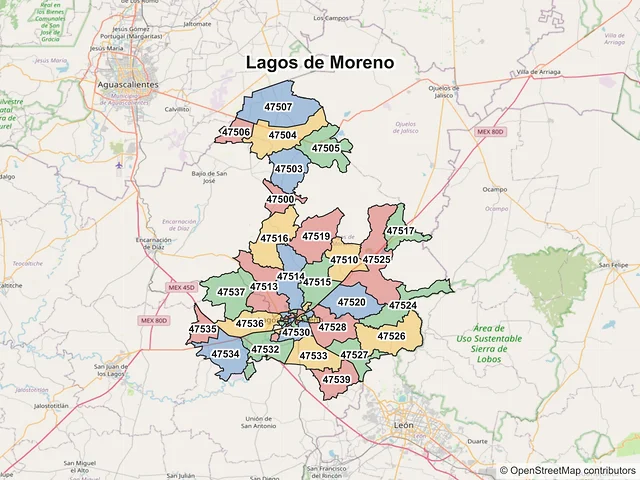 Mapa de códigos postales de Lagos de Moreno, Jalisco