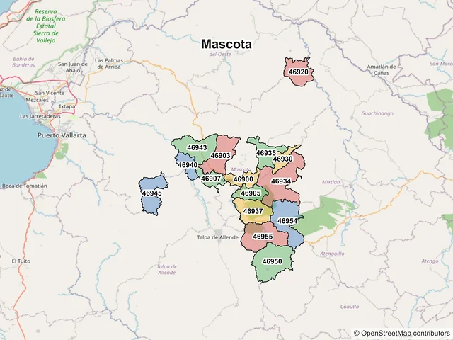 Mapa de códigos postales de Mascota, Jalisco