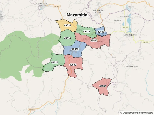 Mapa de códigos postales de Mazamitla, Jalisco
