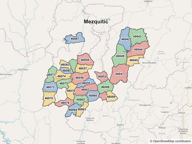 Mapa de códigos postales de Mezquitic, Jalisco