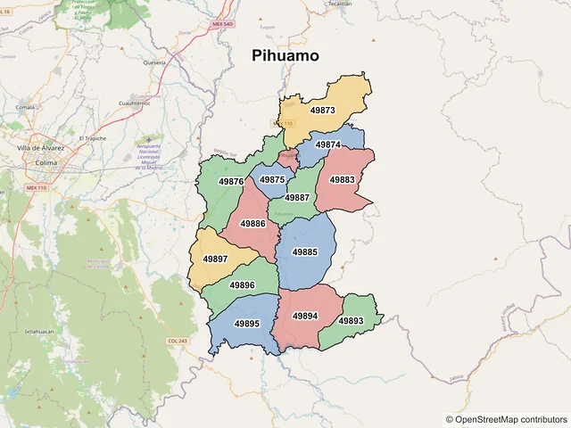 Mapa de códigos postales de Pihuamo, Jalisco