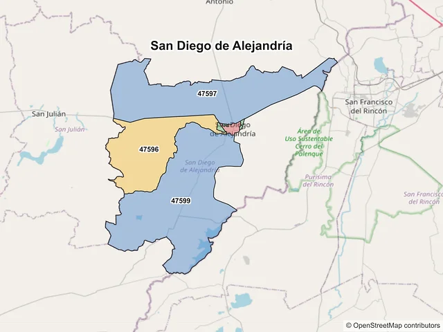 Mapa de códigos postales de San Diego de Alejandría, Jalisco