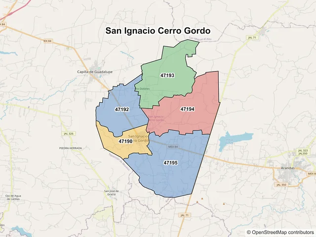 Mapa de códigos postales de San Ignacio Cerro Gordo, Jalisco