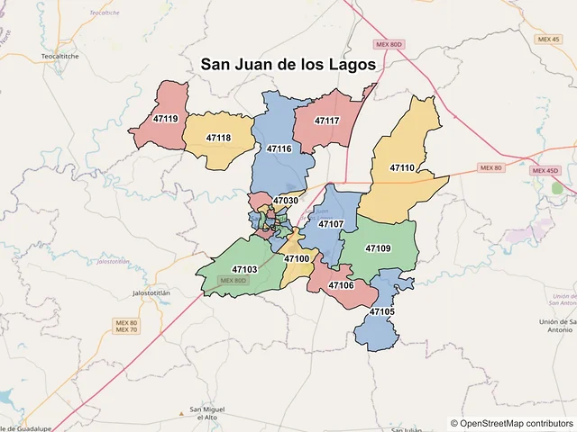 Mapa de códigos postales de San Juan de los Lagos, Jalisco