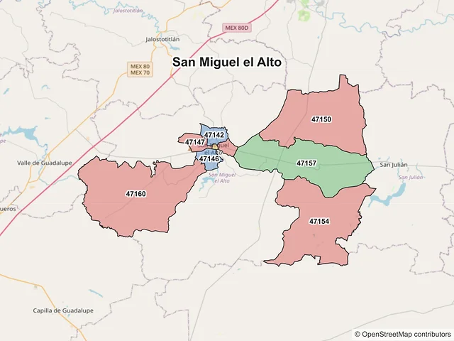 Mapa de códigos postales de San Miguel el Alto, Jalisco